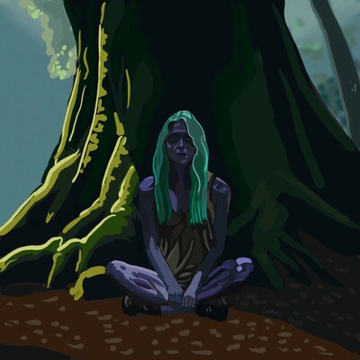 Purple skinned woman with long green hair sits cross legged at the base of a large moss covered tree in an old growth forest.