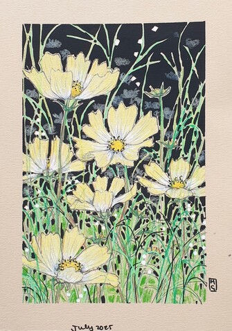 A small colour drawing of a bed of pale yellow cosmos flowers with a black background. The drawing is on warm toned beige paper.
Cosmos are sun-loving, flowering plants with feathery leaves and saucer-like flowers in various colours. Their simple open flowers are guaranteed to brighten up any garden well into autumn.
An original art work
Colour pencil and mixed media on acid free toned artist paper
5 by 7 inches (12.7 by 17.8 cm).
Sold unframed