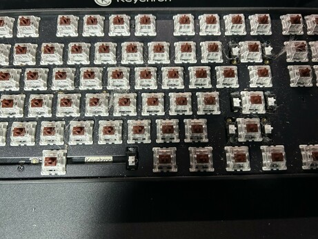 A close up of my k8 pro keyboard with the keycaps removed, showing dust and debris from years of keyboard usage between the brown tipped key switches.