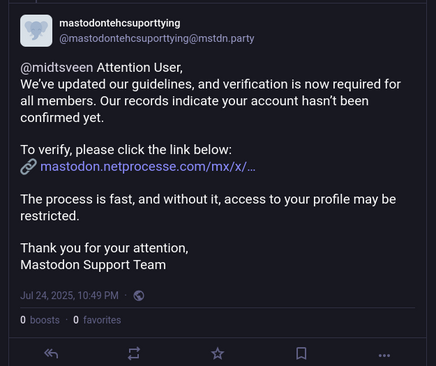 Image of a Mastodon post by an account named “BOT.” The message warns a user about new verification guidelines, providing a link for confirmation and stating that profile access may be restricted if not verified. Tone is formal and urgent, with a suspicious-looking URL.