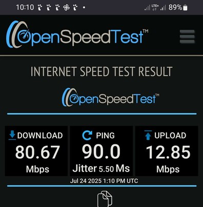 The screencap displays the results of an internet speed test conducted using the OpenSpeedTest app. The top section of the image shows the app's logo, "OpenSpeedTest," with a blue and gray color scheme. Below the logo, the text "INTERNET SPEED TEST RESULT" is prominently displayed. The test results are presented in three distinct sections: download, ping, and upload. The download speed is 80.67 Mbps, the ping is 90.0 ms with a jitter of 5.50 ms, and the upload speed is 12.85 Mbps. The date and time of the test are shown as "Jul 24 2025 1:10 PM UTC." The background of the image is black, with white and blue text for contrast. The battery level is at 89%, and the network status shows LTE+ connectivity.

 Ovis2-8B

🌱 Energy used: 0.195 Wh