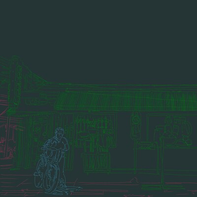 Gray square on which are outlines in three colors. In lime green, a corner store. In pink, the house across the street, just visible to the left of the store. In light blue is a person about to get on their bike.