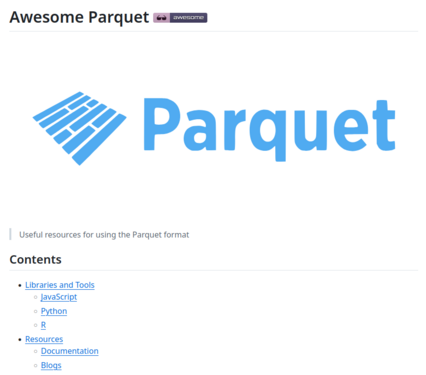 Screenshot of the Awesome Parquet repository README, with that title, the Parquet logo and the table of contents.