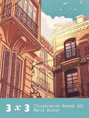 Illustration of buildings in Spain. Below text says "3 X 3 Illustration annual #22 merit winner"