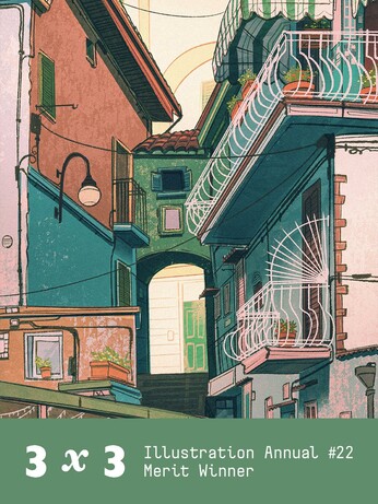 Illustration of chaotic looking Italian alleyway on the Amalfi coast. Below text says "3 X 3 Illustration annual #22 merit winner"