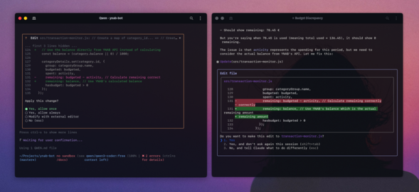 Screenshot of two AI coder agents on Linux terminal, Qwen Code on the left, Clauce Code on the right, both solving the same problem with the same solution