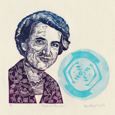 My linocut portrait of Rosalind Franklin (1920 – 1958), in a gradient of magenta from her shoulders up through dark blue to her hair. Her necklace is a double helix of DNA. Her brooch is the Tobacco Mosaic Virus. The pattern on her jacket is based on her publication of the structure of non-graphitizing carbon. ⁠ Behind her in shades of robin’s egg blue is an image of the famous X-ray crystallographic Photo 51, produced by her grad student Gosling and important to deducing the structure of DNA.