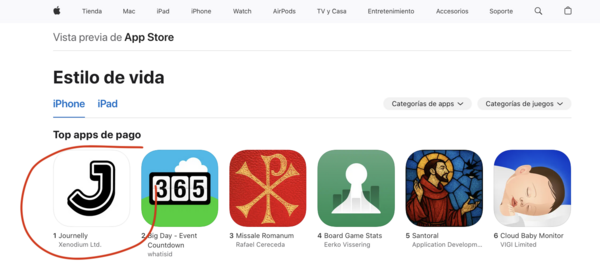 Screenshot of the App Store in Spain, showing Journelly as the numebr 1 paid lifestyle app