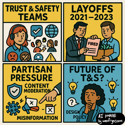 Four-panel comic:
	1.	Trust & Safety Teams – Woman with headset monitors harmful content online.
	2.	Layoffs 2021–2023 – Man receives layoff notice, symbolizing industry cuts.
	3.	Partisan Pressure – Hand points at content moderation icons amid COVID and election misinformation.
	4.	Future of T&S? – Researcher thinks, surrounded by lightbulbs and words: Design, Policy, Research.