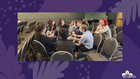 Small group discussion at pyOpenSci’s Packaging Pain Points BoF session at SciPy 2025, with participants seated in a circle sharing insights.
