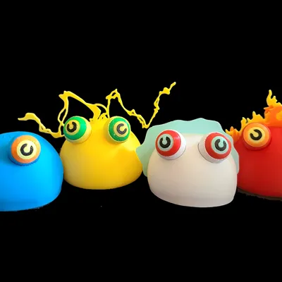 a group of 3D printed Chuchus. Blue, Yellow (electric), White (ice) and Red (Fire)