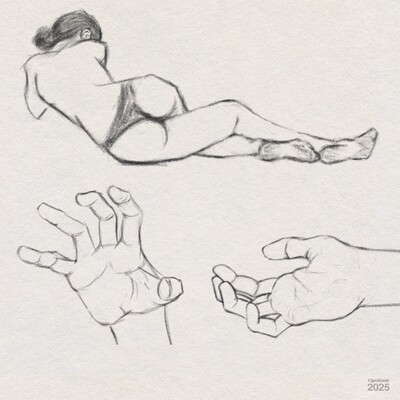 Digital graphite  sketches on textured paper, showing three separate studies: at the top, a reclining figure of a woman lying on her side, partially covered with underwear, her back turned and head resting on her arm; below, two detailed sketches of hands—one hand is open with fingers splayed in a dynamic gesture, and the other is relaxed, palm up, with fingers gently curled.