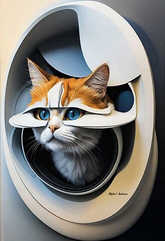 A ginger and white cat with blue eyes looks out from a white, futuristic helmet-like pod, resembling a space capsule. The cat wears a sculptural visor, giving the image a space explorer aesthetic.