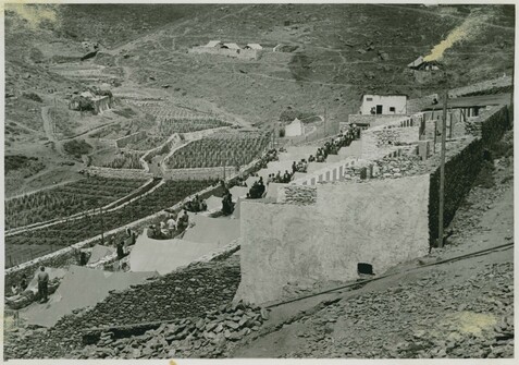 Gyaros Island of Exile - ICRC V-P-HIST-E-05816.JPG 13.06.1948 - Ghioura island, penitentiary camp nr.5.General view. Below, vegetable gardens. Detainees 483 men. Reserved for managers, specialists, technicians, mechanics and all professions.