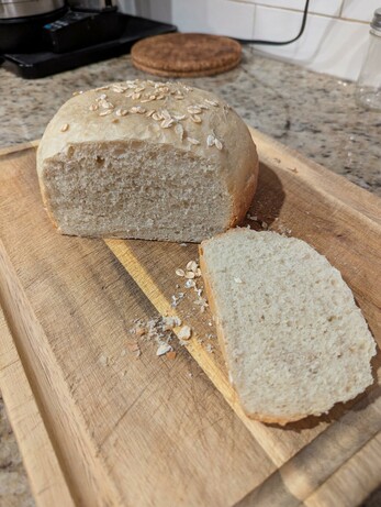 The loaf cut open to reveal a very consistent crumb with no large voids.