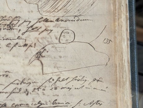 A sketch of paper in a notebook. There's a sort of circular sun with some terrain in front. On a hill in front of that is a stick figure pointing with both arms as the sun.
It's all very basic line art. 
If you didn't have it explained to you and you didn't read the text by the side you would never guess what it was supposed to be.
