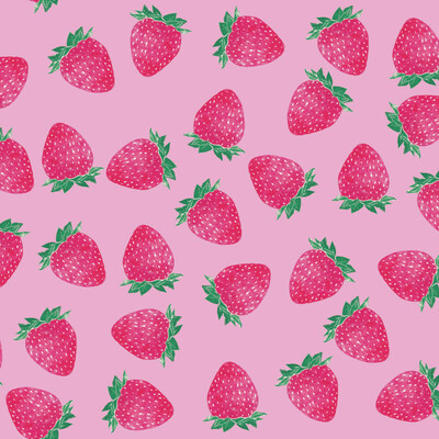 As described this is a repeat pattern made with my linocut strawberry (red berry, white seeds, green leaves on top). The strawberry is repeated randomly many times over a square section of the design over a cool pink background.
