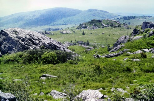 A rugged green landscape of rolling grassy meadows with some green shrubs and a few trees. Two massive gray rock outcrops frame the scene on the left and right sides in the near distance. Centered between them but farther away across the grasslands is a third massive gray rock outcrop. The outcrop to our left is naked gray rock, the other two are partially covered with green grasses and small green shrubs. In the hazy distance, perhaps a couple of miles away, we see the forested flanks of a ridge rising several hundred feet above us.