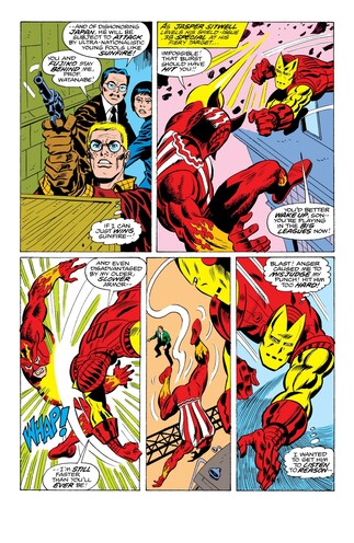 a page from the comic book, a harrowing battle between sunfire and iron man