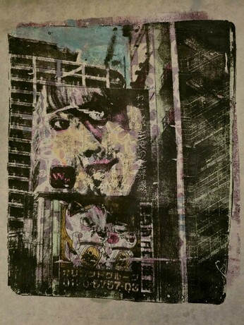 A photograph of a print on natural-colored rice paper. It features several billboards in Japan in front of apartment buildings, including a lady with a neon pink W painted on her face and two maneki-neko cats waving. 
The print is a bit unclear and it has a rather grungy style.