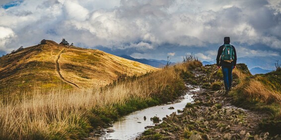 A person hikes along a rocky, grassy trail toward Chatka Puchatka atop Połonina Wetlińska in Poland’s Bieszczady Mountains, surrounded by windswept meadows and a sky streaked with clouds on an overcast day.