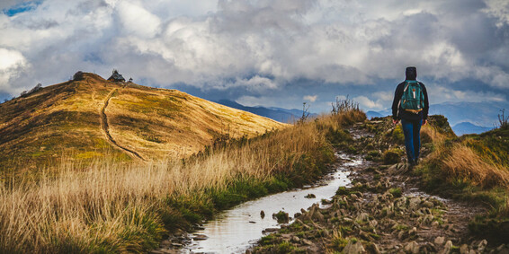 A person hikes along a rocky, grassy trail toward Chatka Puchatka atop Połonina Wetlińska in Poland’s Bieszczady Mountains, surrounded by windswept meadows and a sky streaked with clouds on an overcast day.