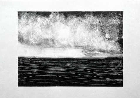 Stormy clouds break over a dark sea as they near a headland.  The sea is black and scored through with white lines.  The clouds are formed by twisting paper through previously laid down ink.