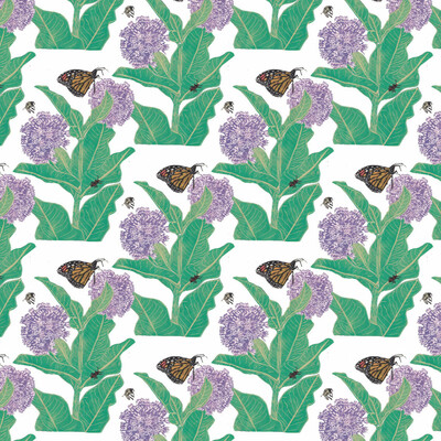 As described this is a repeat pattern (overlapping half-drop) I made with my linocut of common milkweed with deep bluish green stem and leaves and two mauve-pink blooms, a flying yellow and black bumblebee, a perched monarch butterfly in oranges, black and white and a red and black little milkweed bug on a leaf, against a white background.