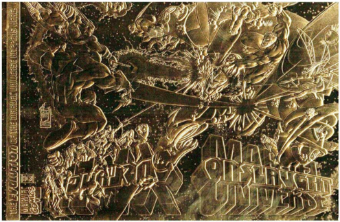 the cover of the comic book, it is a wraparound cover, done entirely in embossed gold, it is many superheroes leaping and flying and jumping at onslaught