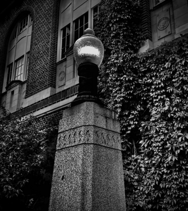 Against the background of a stately, brick building with ivy climbing it, a light atop a pedestal glows in this black and white image where texture is prominent.