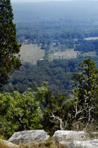 A hazy whitewashed summer sky. We are high atop a ridge crest on a grassy rock outcrop beside a tall evergreen tree, looking out over treetops down hundreds of feet to a valley below. More than half of it is wooded, the rest is pastures, fields and a few buildings. Long, flattish ridges rise above the far side of the valley as the landscape gradually dissolves into the haze and humidity.