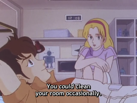 an  image from the cartoon, a girl is sitting and talking to a teenage boy who is laying on his bed, the closed captions at the bottom read 'you could clean your room occasionally'