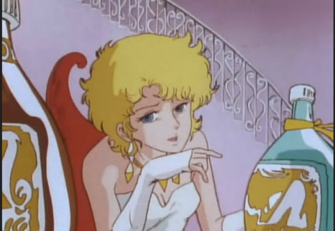 an image of a short haired blonde woman wearing an elegant white dress and jewelery, sitting at a table, a staircase behind her, bottles of alcohol on the table