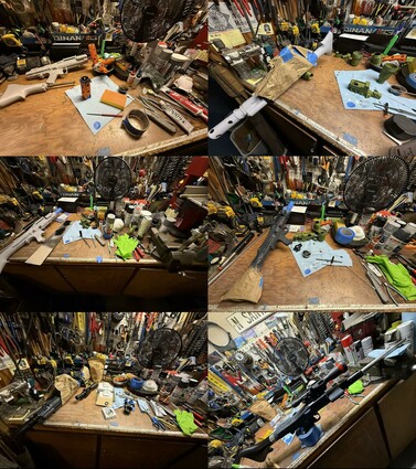 A collage of six photos of a workbench with a 3D printed project undergoing seemingly-infinite stages off assembly, painting, etc. Rinse and repeat!