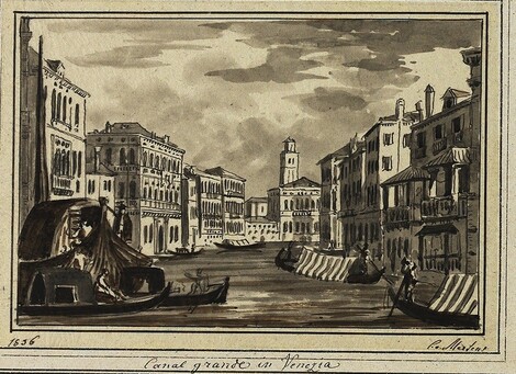 Blick in den Canal grande. Auf dem Wasser mehrere Gondeln.
