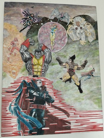 a painting, it is of the x-men team leaping from the blackbird, mr, sinister's lab on a hill, green gas spreading from the generator , mr. sinister is at the bottom, putting up a shield or teleporting