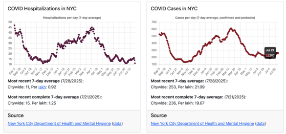 COVID Hospitalizations in NYC

Most recent 7-day average (7/28/2025):
Citywide: 11, Per lakh: 0.92

Most recent complete 7-day average (7/21/2025):
Citywide: 15, Per lakh: 1.25

Source
New York City Department of Health and Mental Hygiene (data)

COVID Cases in NYC
Jul 27: 263
Most recent 7-day average: (7/28/2025):
Citywide: 253, Per lakh: 21.09

Most recent complete 7-day average: (7/21/2025):
Citywide: 236, Per lakh: 19.67

Source
New York City Department of Health and Mental Hygiene (data)