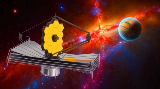Illustration of the James Webb Space Telescope capturing a direct image of the exoplanet 14 Herculis c.