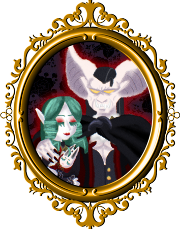 A vampire family portrait in a golden gothic frame.