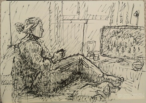 Black brush pen on paper

Sketch of a person in comfy clothes sitting on a couch in front of a TV, playing video games. A dog lying besides them. Interior of the room indicated.