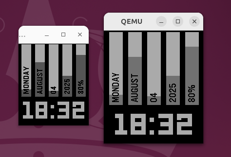 Two digital watch interfaces are displayed side by side on a purple background, comparing screen sizes. The left screen, emulating Pebble 2 Duo, shows a smaller, lower-resolution display with pixelated vertical bars labeled "MONDAY," "AUGUST," "04," "2025," and "80%." The time "18:32" is shown in bold white digits at the bottom. The right screen,  emulating the Pebble Time 2, displays a larger, higher-resolution version of the same interface, with smoother, more legible text and bars. The overall layout is identical, highlighting the difference in screen clarity and size between the two devices.