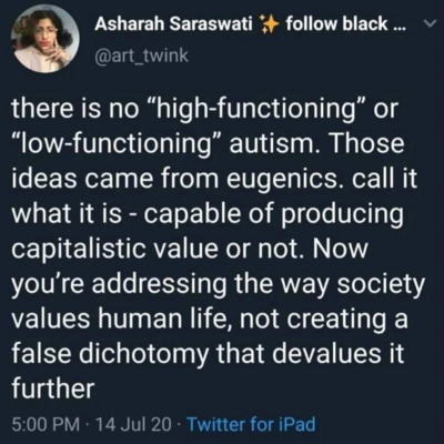 There is no "high-functioning" or "low-functioning" autism. Those ideas came from eugenics. Call it what it is: capable of producing capitalistic value or not. Now you're addressing the way society values human life, not creating a false dichotomy that devalues it further.