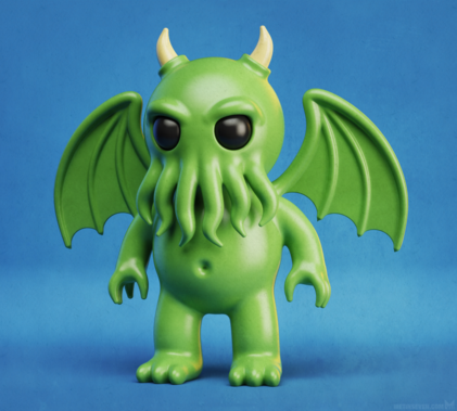 3D rendering of a cute, green, cartoon-style baby Cthulhu character design.