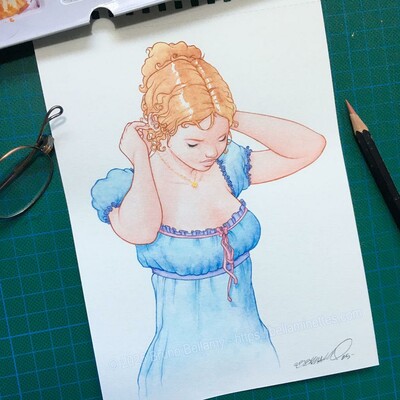 Photo de l'aquarelle terminée. On peut voir, tout autour, la palette d'aquarelles, mes lunettes pour dessiner, et le crayon de couleur qui a servi à faire les taches de rousseur. ;)