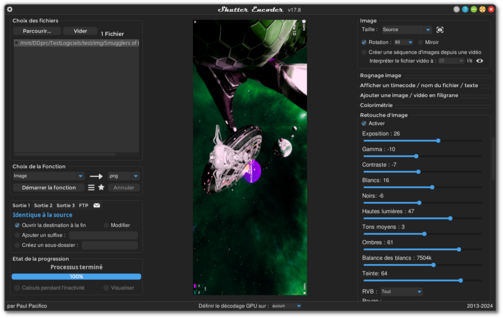 🕶️ A view of its UI (on a dark theme) in version 16.2. On the top left a clear area displaying the files to be converted, underneath the destination file format, and a "Start Function" button, underneath a "Progress Status" area. On the right side of the UI, other possible treatments to be applied, with "Image", "Edit", "Colorimetry" and "Filter" areas.

📚️ Shutter Encoder is a libre, multi-platform, multi-function tool for processing videos, images and sounds (via the FFmpeg library). Thanks to FFmpeg it can perform all kinds of operations on groups of files such as image processing (cut, apply filters, crop, add subtitles, logos, watermarks, cut detection to produce sequences, format conversion, ...) or sound (format conversion, audio normalization, ...), download & upload web content, or rename files. The Swiss Army knife of file processing.
