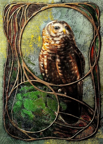 Stylized illustration of a Northern Spotted Owl, perched in a redwood tree against a heavily textured canvas background with paint on it, framed with art nouveau-reminiscent filigree around it. Dominant colors are browns, oranged, greens, yellows, and blues.