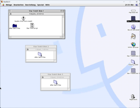 The StarTrek screen saver. All 3 disks mounted in Basilisk II.
