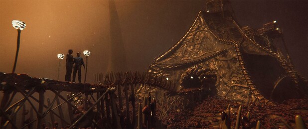Wide shot, exterior, "day" -

A tent like structure made of stretched intestinal lining  sits on the bank of a river of reddish-brown fluid, in a flesh-world covered in bits of bone, goo and fat.  A man and a woman stand on and raised walkway between two bone bridges across the river.