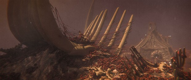 Wide shot, exterior, "day" -

A tent like structure made of stretched intestinal lining  sits on the bank of a river of reddish-brown fluid, in a flesh-world covered in bits of bone, goo and fat.