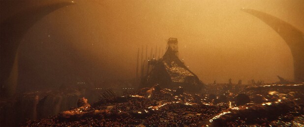 Wide shot, exterior, "day" -

A tent like structure made of stretched intestinal lining  sits on the bank of a river of reddish-brown fluid, in a flesh-world covered in bits of bone, goo and fat.